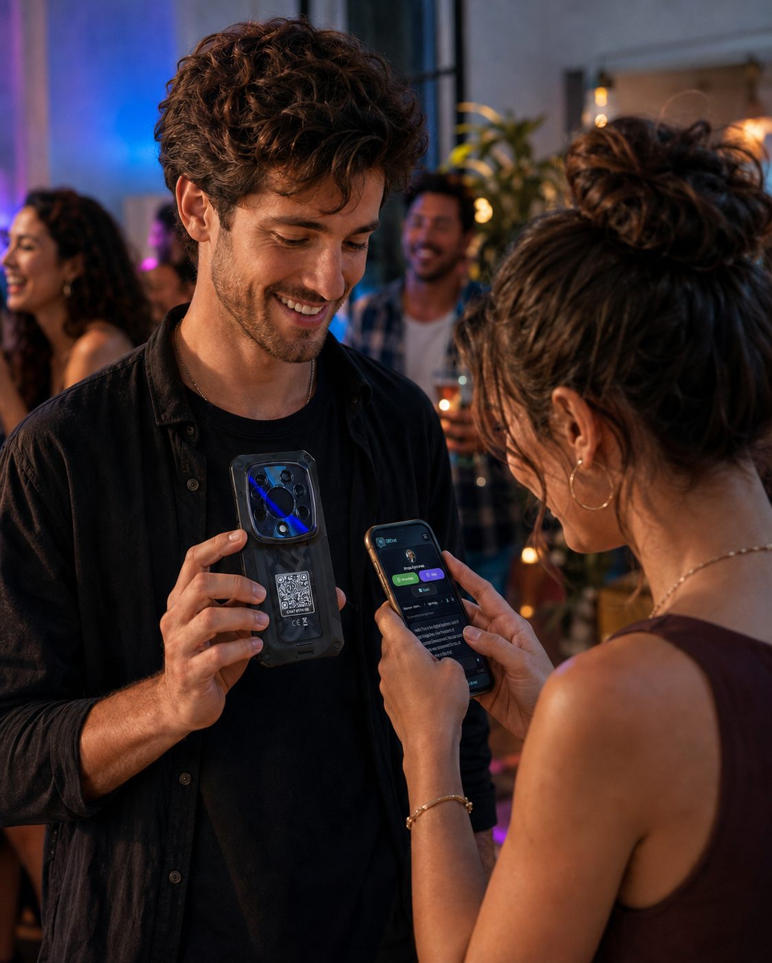 Person wearing a conference badge with a QR code that opens a chat